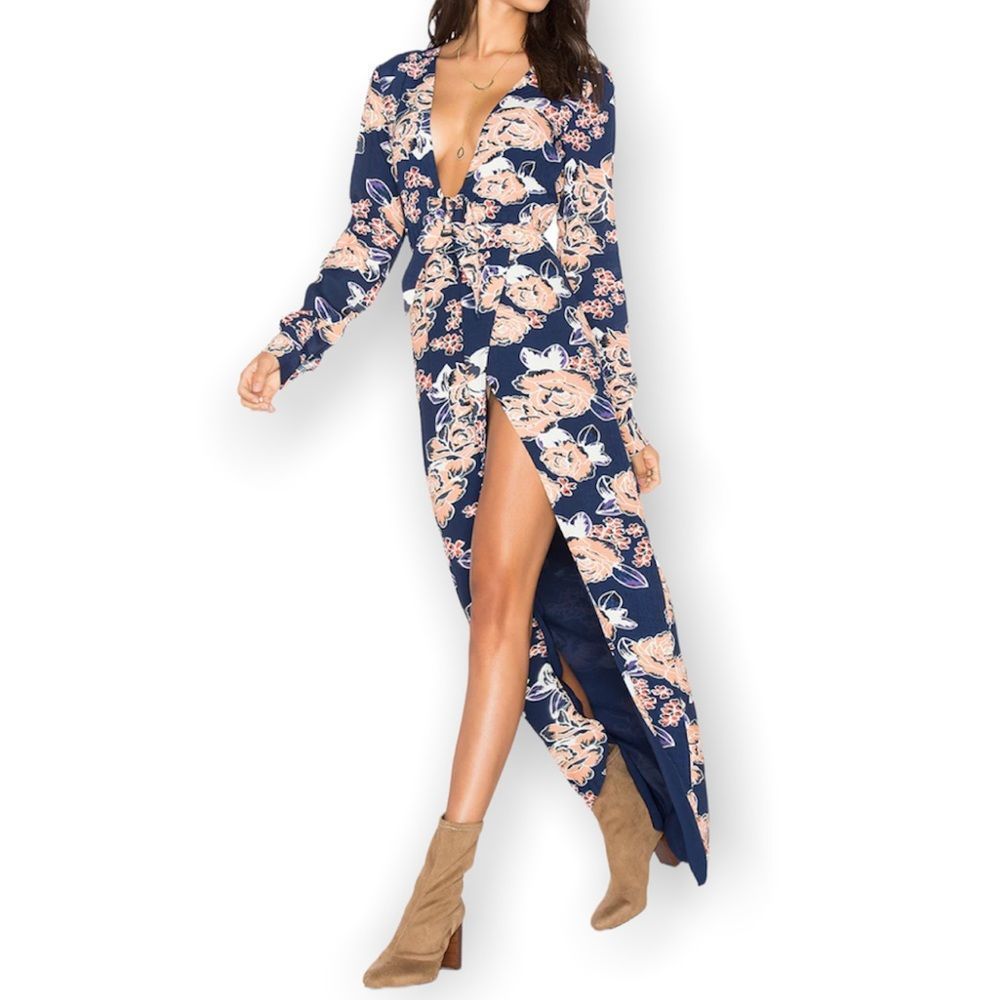 Lovers + Friends Navy Blue My Love Maxi Dress in Carmel Floral Size Small